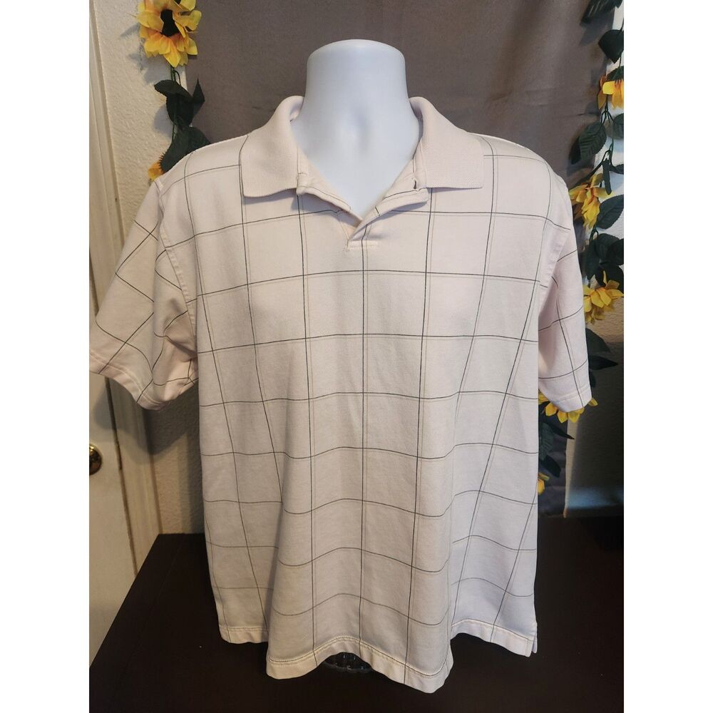 Van Heusen Mens Polo Shirt Light Pink Windowpane Check Grid Cotton Blend L
